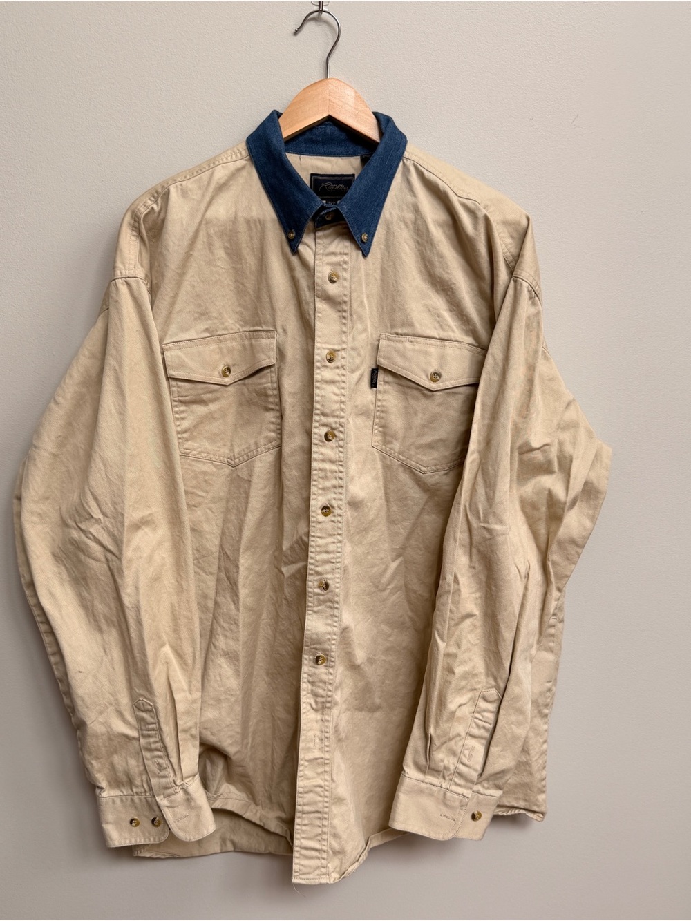 Roper Beige Button-Up Shirt Jacket with Blue Collar